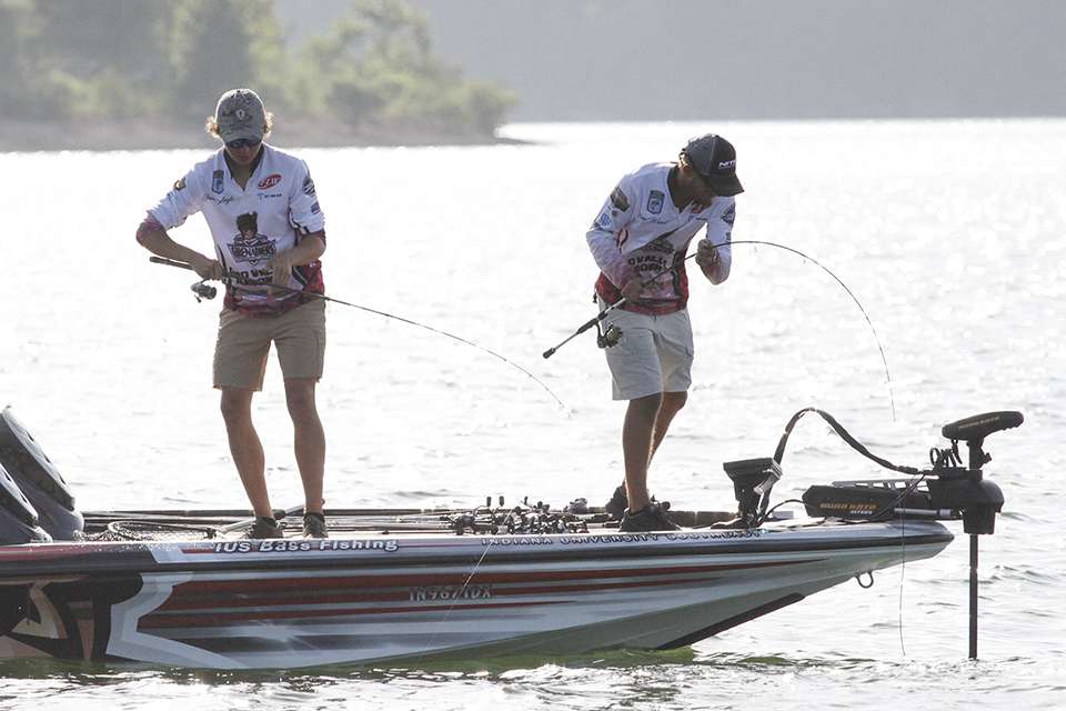 No, they aren't doubled up. The wind and waves caused Ward's line to tangle in the trolling motor and almost pulled his rod in the lake.