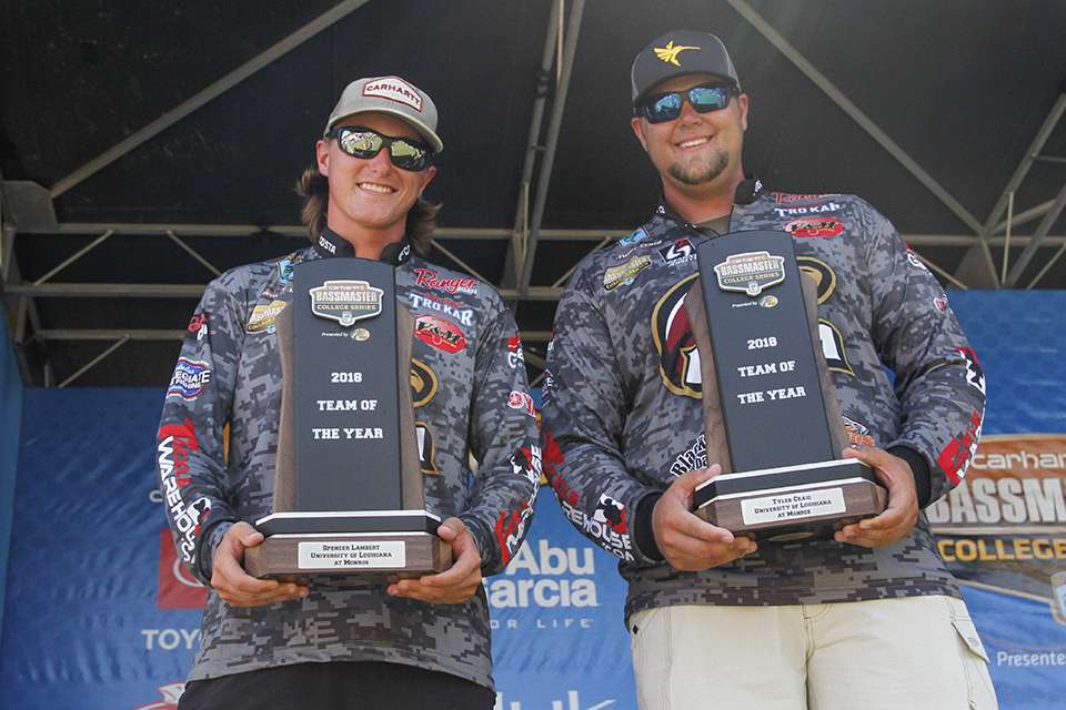 Tyler Craig and Spencer Lambert of Louisiana-Monroe were awarded their Team of the Year trophies for all their success during the regular season of the Carhartt Bassmaster College Series Tour.
