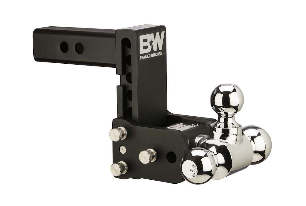 The Tow & Stow Adjustable Ball Mount is the only trailer hitch for the serious outdoorsman. Whether youâre pulling your boat to the lake, or a camper to the mountains, the Tow & Stow has you covered. It is adjustable in height for level towing, features multiple ball sizes and stows behind the bumper when not in use. B&W Trailer Hitches are proudly American Made.