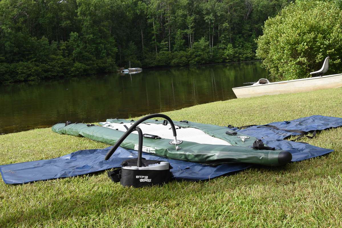 As the inflation process begins, which only takes a few minutes. The durable boat built for hard-to-access fishing spots can be easily deflated, rolled back up and placed in the trunk of a car.