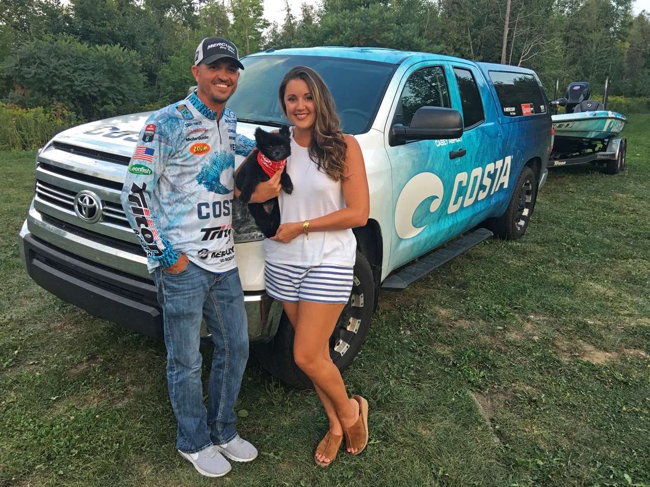 When Casey Ashley (with fiance Kenzie Hartman) made the Top 12 cut at the St. Lawrence River last year, Petey the little black Pomeranian rode through weigh-in with Casey. He was only slightly smaller than most of the smallmouth the Costa pro weighed in.