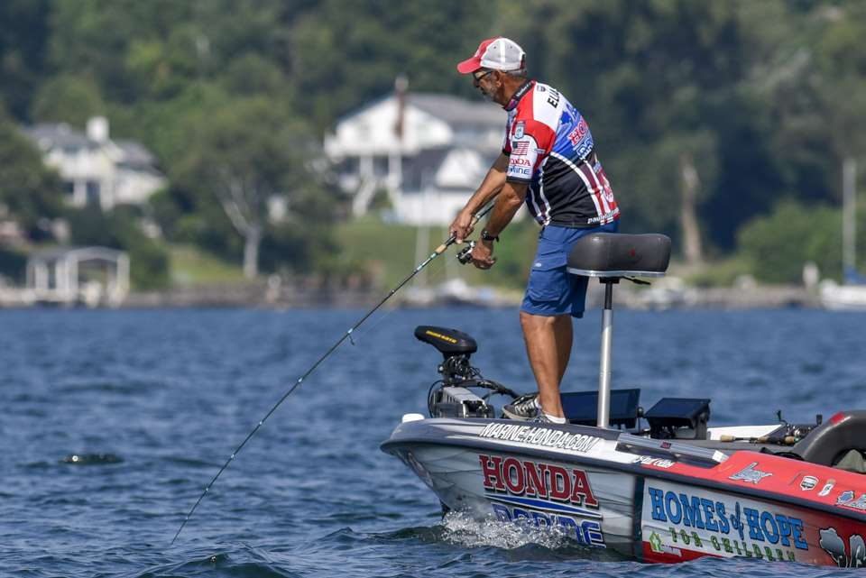 Paul Elias fights a spunky smallmouth during Day 2 of the Huk Bassmaster Elite at St. Lawrence presented by Black Velvet.