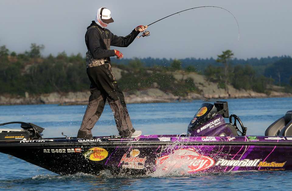 Take a look at Josh Bertrand on the water during Day 3 of the 2018 Huk Bassmaster Elite St. Lawrence River presented by Black Velvet. 