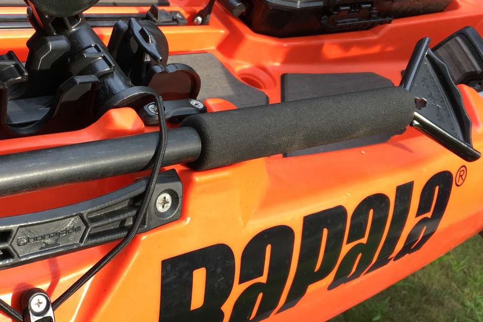 Lefebre secures his YakAttack ParkNPole Link Stakeout Pole to the sidewall, where it sits in specially molded recesses. Because he uses a Power-Pole, the ParkNPole primarily serves as a pushpole â perfect for penetrating thicket or skidding atop thin water.