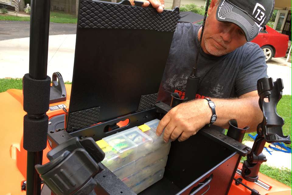 Lefebre shows off his Yak Attack Kayak Crate, which mounts securely behind the seat. It measures 12 inches x 16 inches x 11 inches and the top rails are made to accept MightyBolt accessories â no GearTrac necessary. It can hold three Plano 3700 Deep boxes.