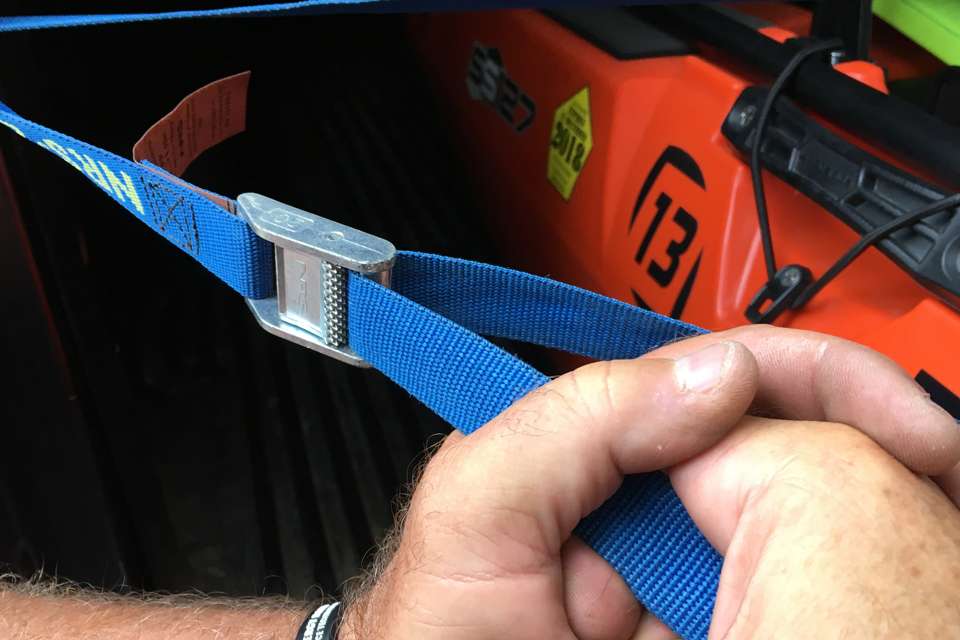 Lefebre highly recommends cam-buckle straps, rather than ratchet straps, because it's easy to over-tighten ratchet straps, which can weaken or damage a kayak's hull. 