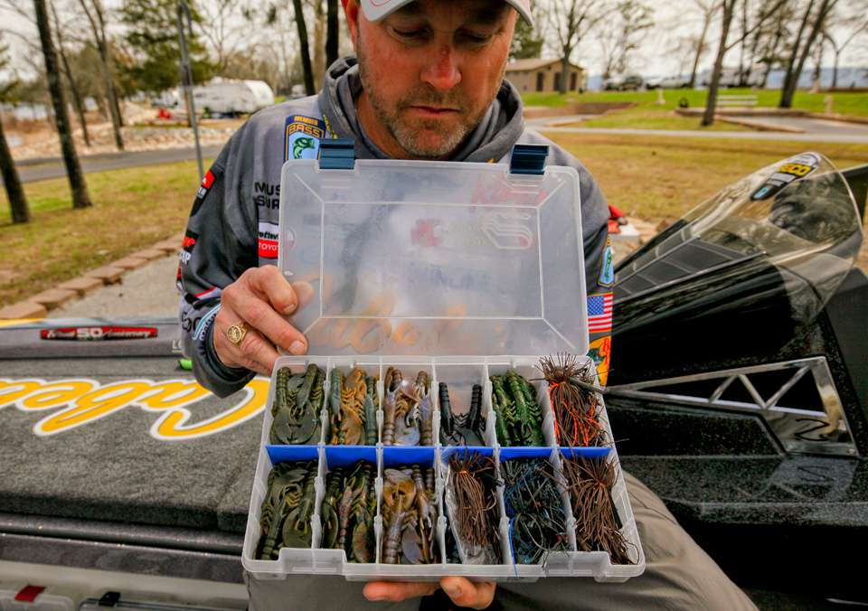 For instance, during our interview McClelland was preparing for a tournament on Table Rock Lake. He shows us a box full of finesse jigs and the trailers heâll be using. 