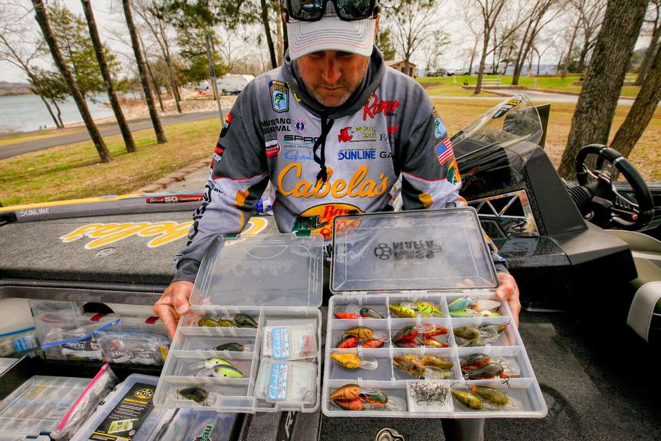 He knows heâll want to throw crankbaits, so he has boxes within easy reach, loaded with both medium and deep-diving Spro Rock Crawlers. 

