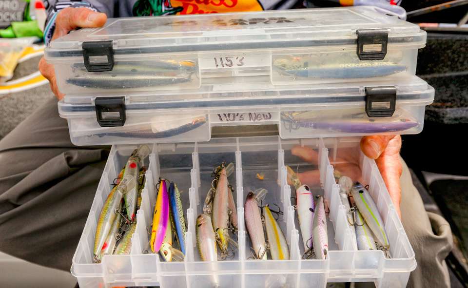 McClelland has long been known as great jerkbait fishermen, and he carries several boxes of them in his boat. All of them are made by Spro and are of his own design. 