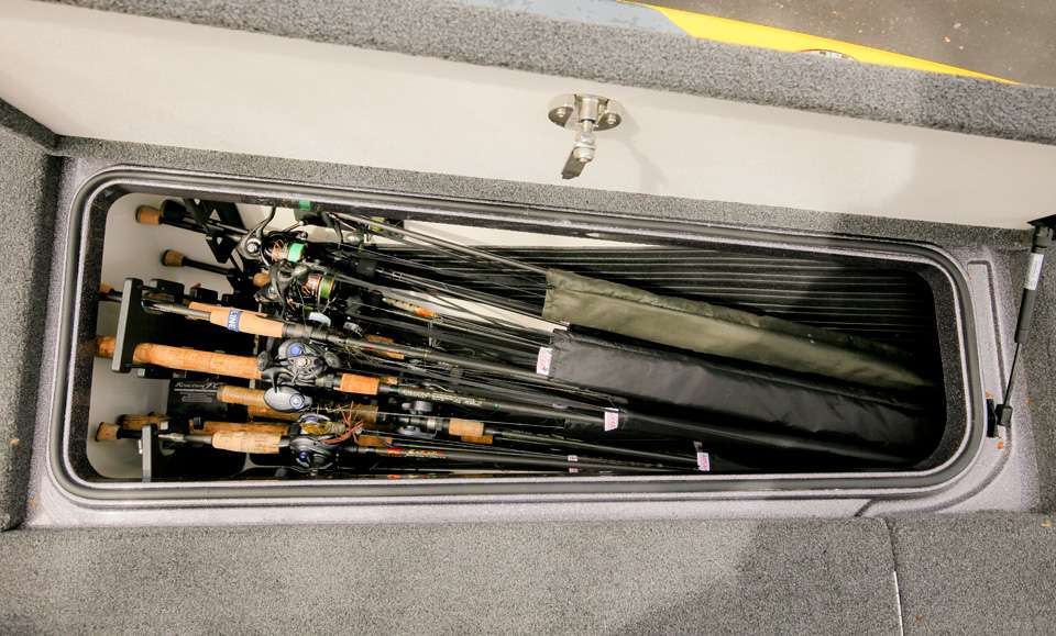 On the other front-side locker is his remaining Falcon Rods and Cabelaâs reels slid into Pro Locker rod sleeves. 
