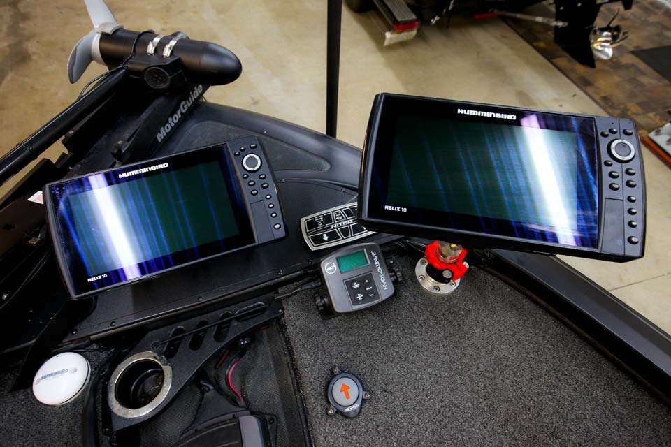 His electronics are Humminbird Helix 10s with Mega-Imaging all locked to the floor with KVD Kong Mounts. 