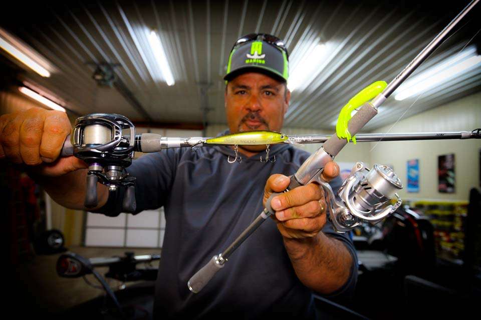 But he does have a baitcaster present, complete with a jerkbait. These two rods are his mainstay during the spawning period.  