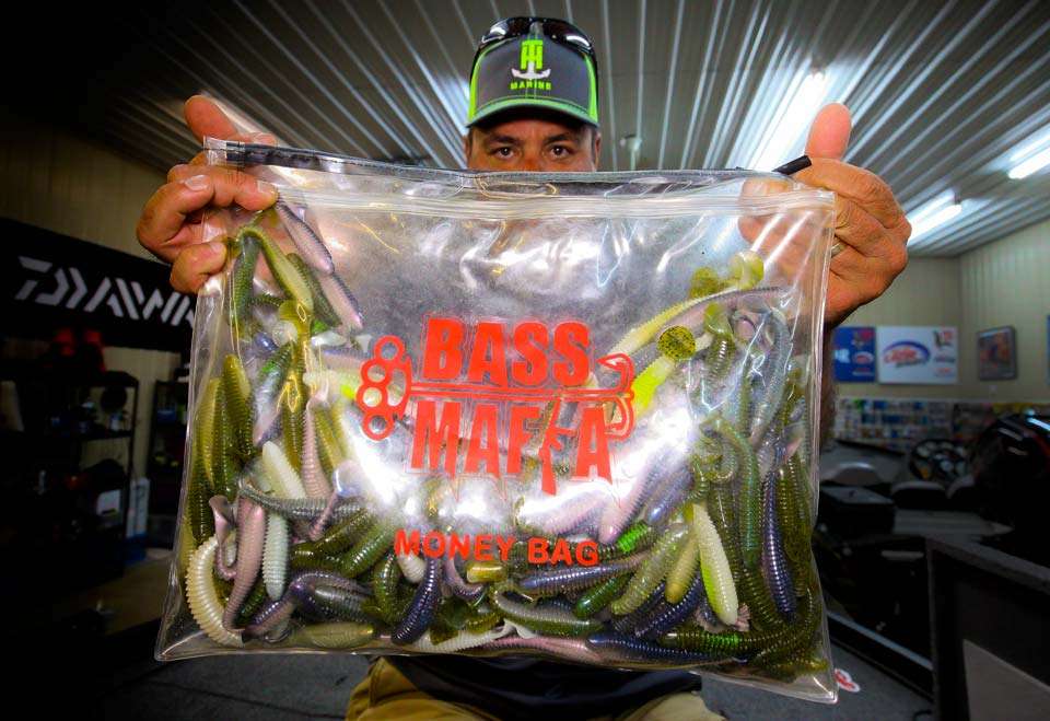 A self-described soft-plastic fiend, Zona carries his soft plastics in huge quantities with the help of heavy-duty Money Bags from Bass Mafia. He keeps like items together and to date has had no issues with colors mixing or bleeding together. This bag is full of swim baits.  
