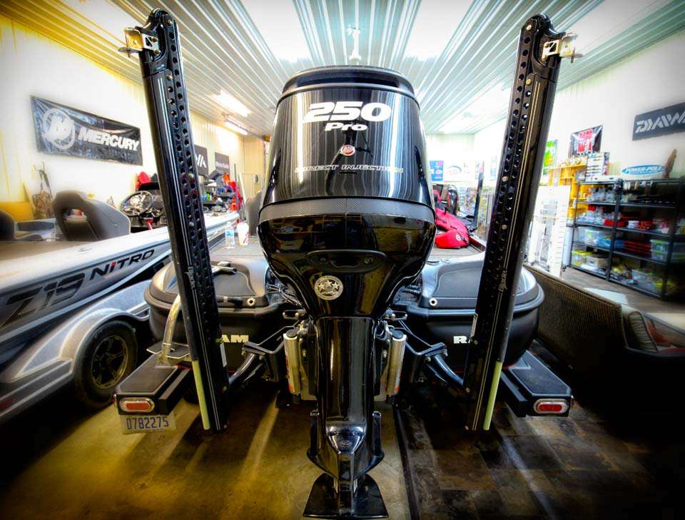 The back of the boat is outfitted with a 250 horsepower Mercury Pro and two Power-Poles.  