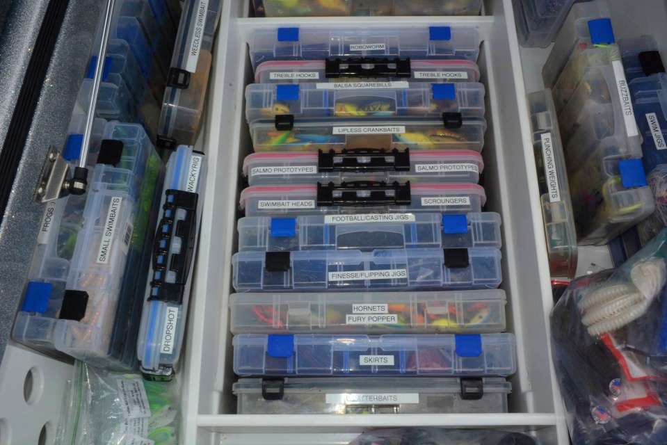 George uses a label maker for easier identification of lures by category. âThe dividers give me even more options for lining up the boxes inside the compartment.â
