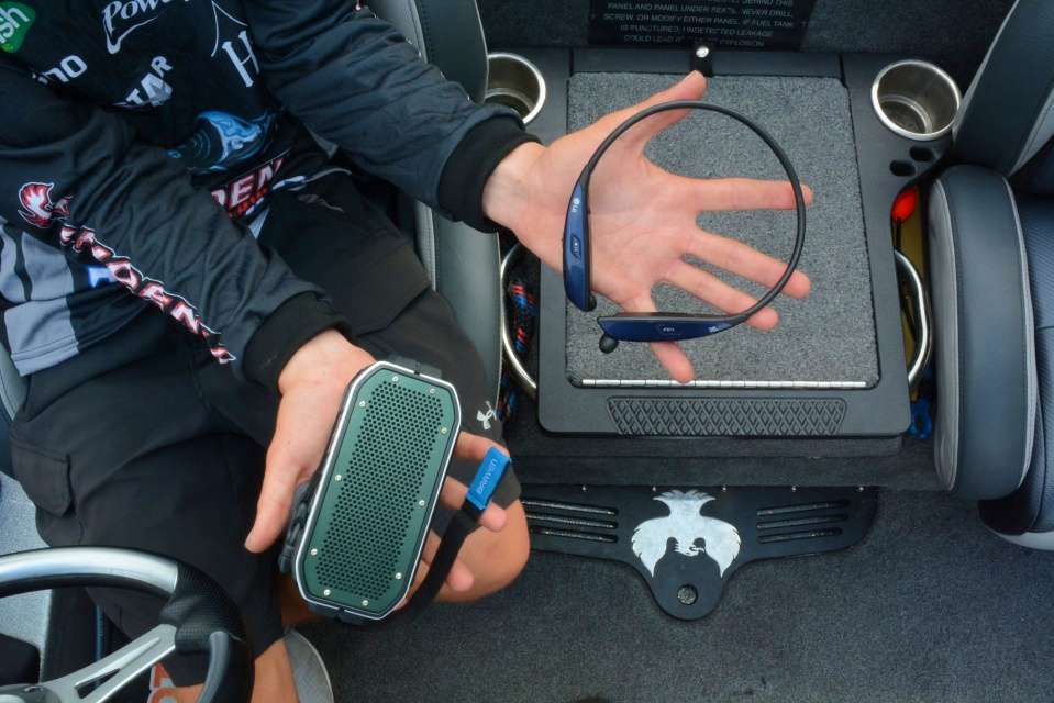 Also inside the catchall box is an remote speaker with Bluetooth for playing tunes and a hands-free headset for taking important phone calls while fishing. 
