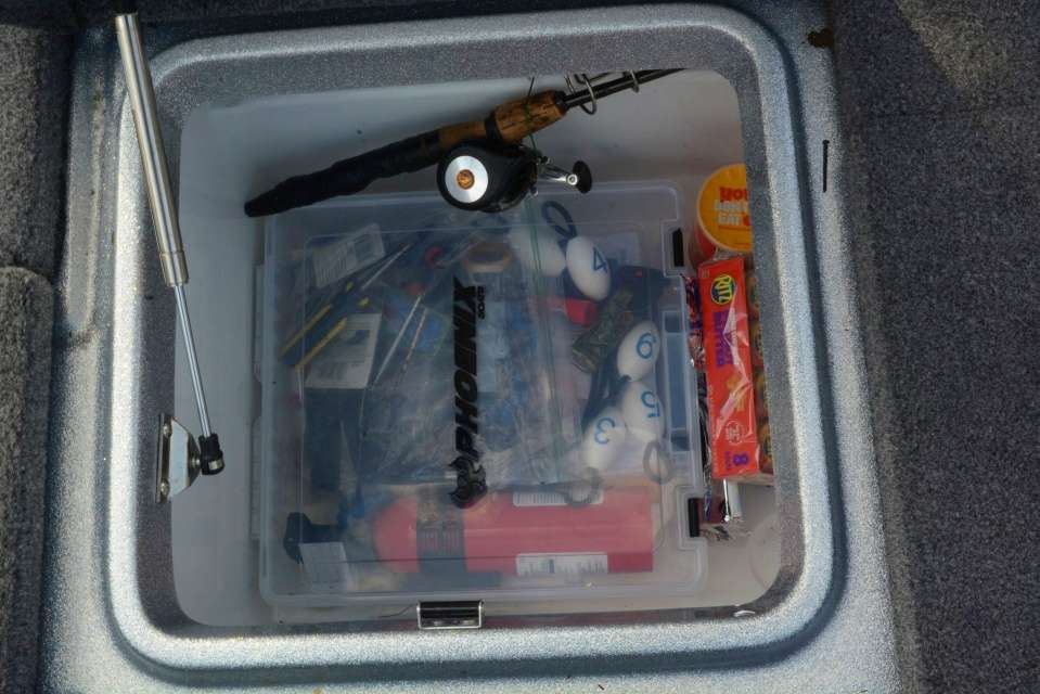 More Ritz Crackers and a peculiar fishing rig are stored in the box behind the passenger seat. 
