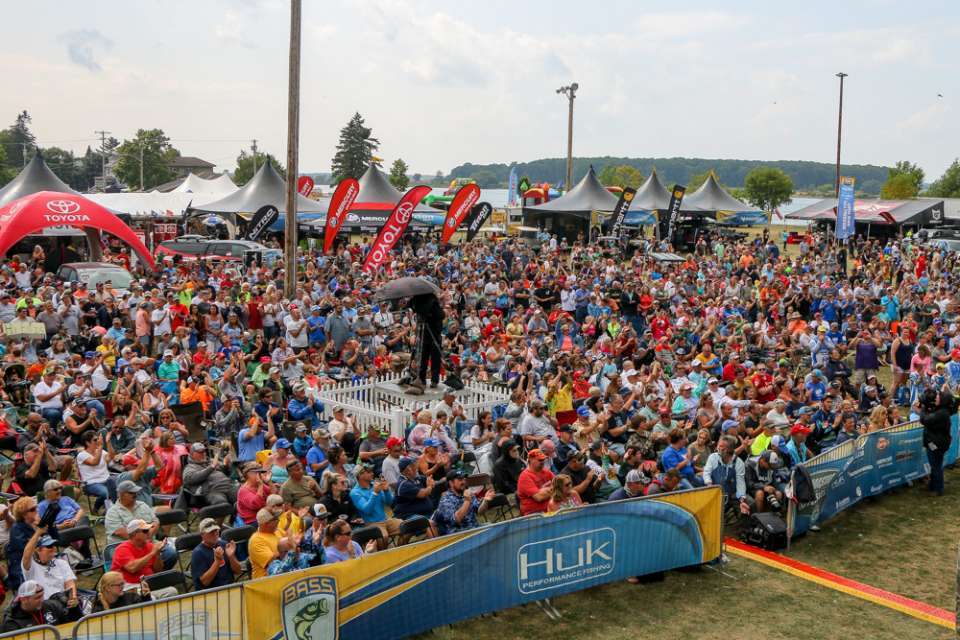 Waddington is a charming small town in upstate New York with a population of 972. That number swelled to 36,200 during the festive event, a record crowd for the Bassmaster Elite Series. Watching Bertrand and his peers weigh their catches on bass fishingâs biggest stage was the main attraction. 
