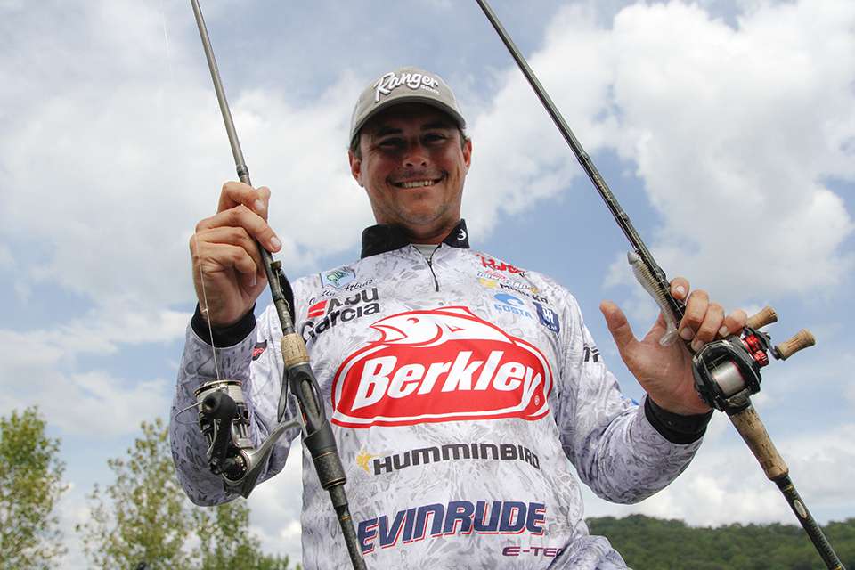 <b>Justin Atkins</b><br>
Justin Atkins used a one-two punch with a shaky-head jig and swim bait. That choice was a 3.8-inch Berkley Powerbait Power Swimmer on 1/4-ounce ball-head jig. Atkins also used a 1/4-ounce Buckeye Lures Spot Remover with 4.75-inch Berkley Powerbait Bottom Hopper Worm. The Berkley baits will be available this fall.
