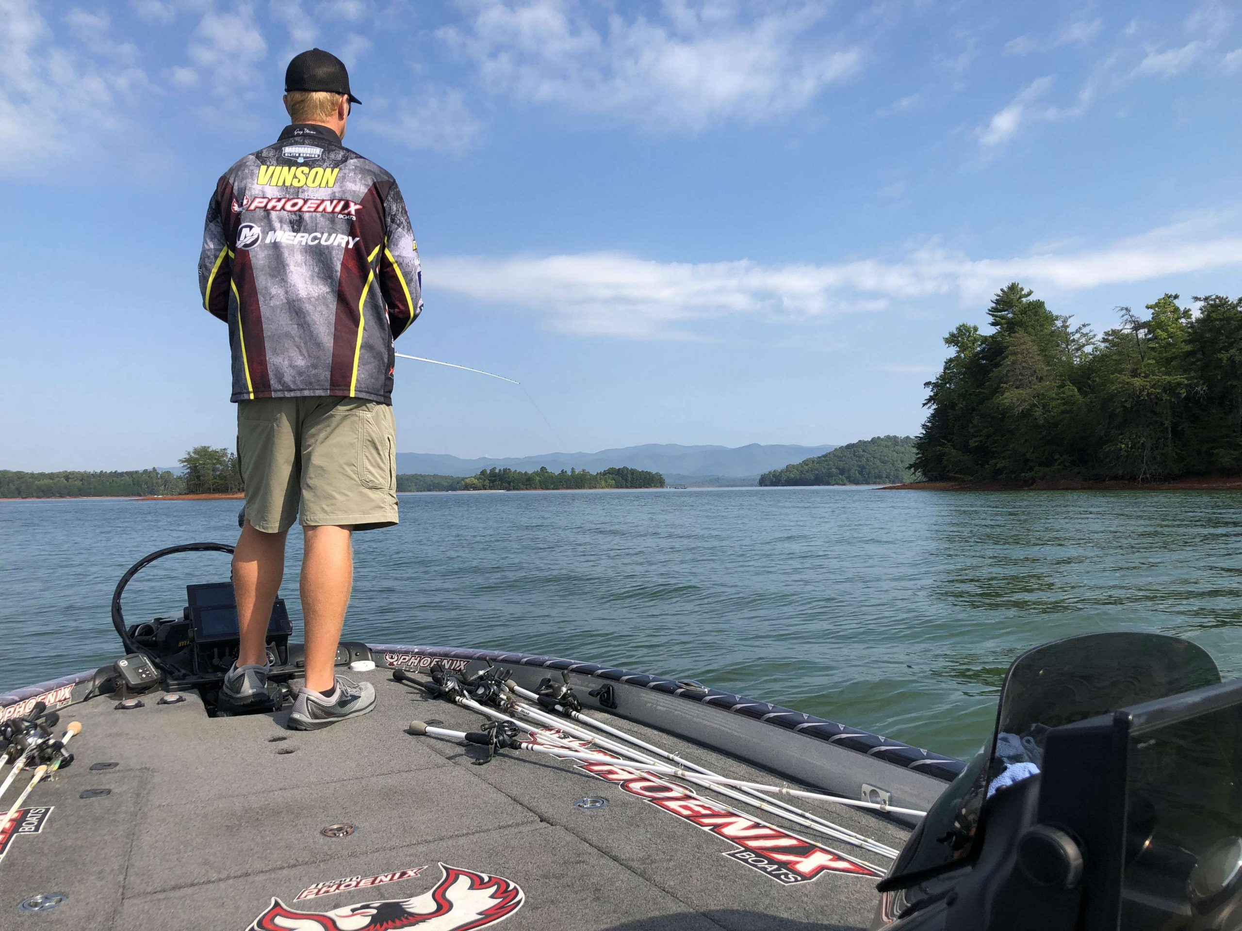 After a morning spent shallow and several short-strikes, Greg Vinson has moved out deep for spotted bass. He now has two fish in the boat weighing just shy of 5-pounds. 