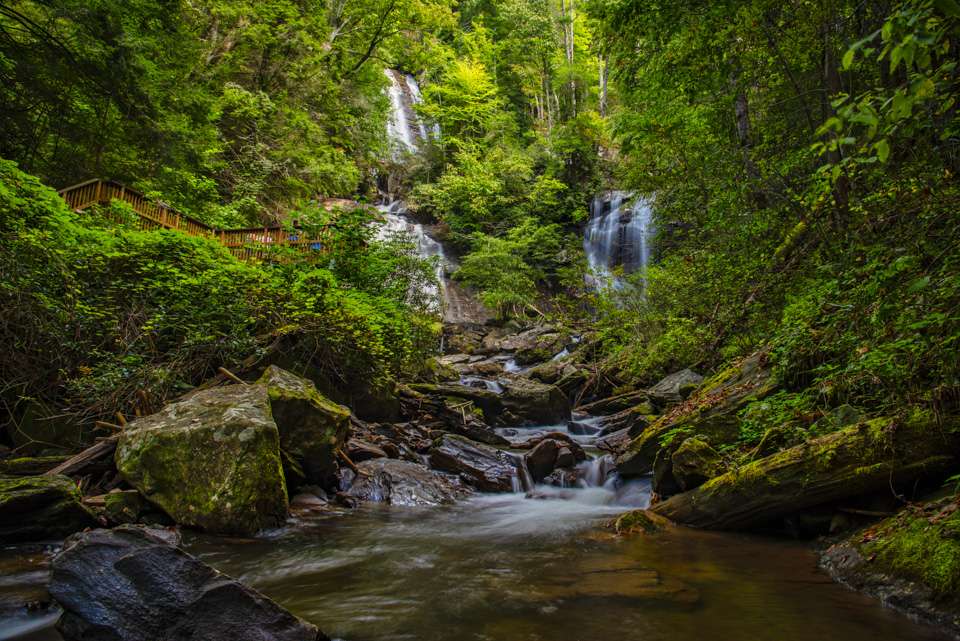 Curtis and Yukon creeks fall off a cliff to create Anna Ruby Falls, joining at the bottom to form Smith Creek that meanders down the mountain until uniting with the Chattahoochee River.