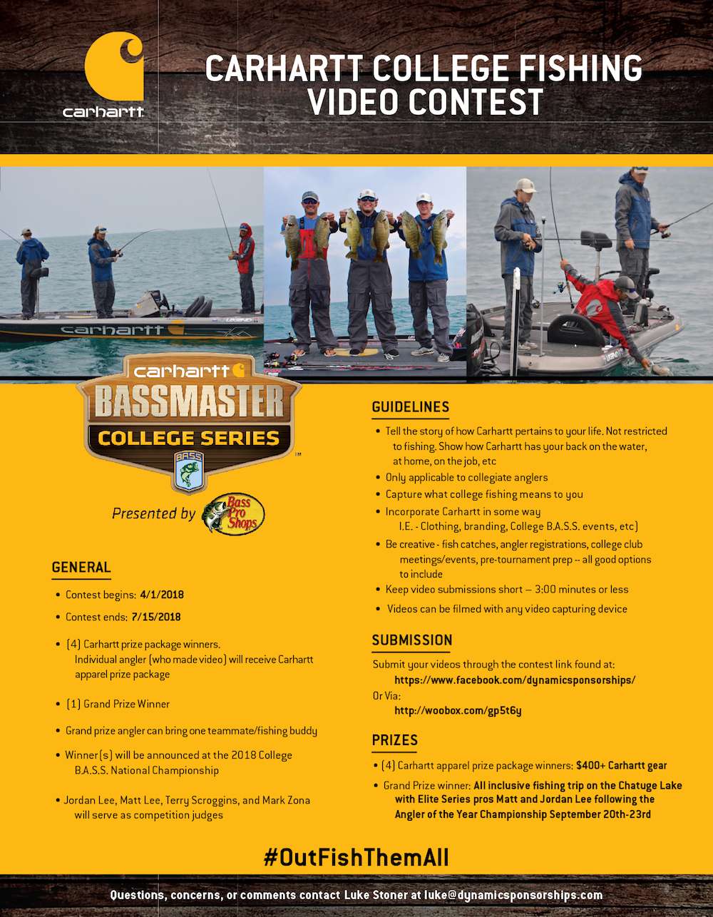 For the third consecutive year Carhartt offered a video contest for college anglers. An all-inclusive two-day fishing trip with Bassmaster pros Jordan Lee and Matt Lee was the Grand Prize.