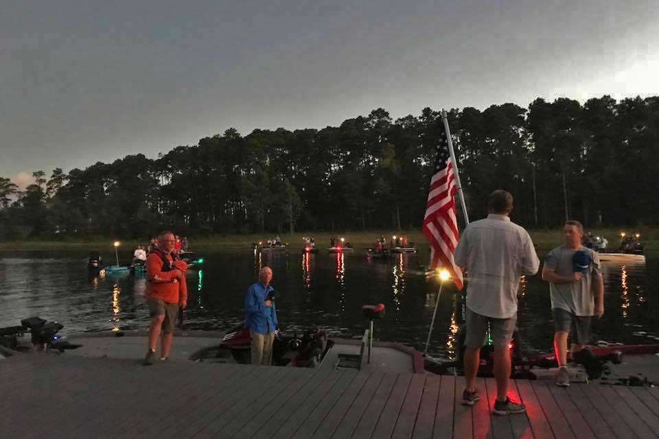 The national anthem is played before takeoff from Umphrey Pavilion near the dam on the south end of the lake. It's the same facilities used when the Bassmaster Elite Series fishes Rayburn.