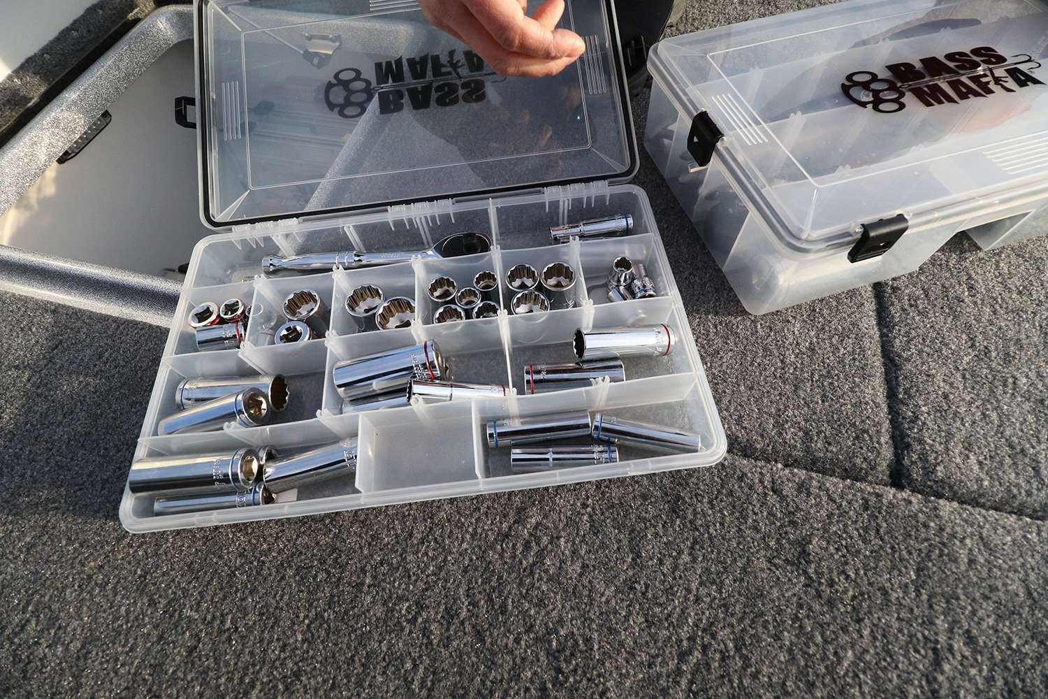 A Bass Mafia box of sockets is almost a must in every bass boat. You never know when you're going to need tools like this, but having them on-hand could mean the difference between making it back to weigh in or not. Lefty lucy, righty tighty.