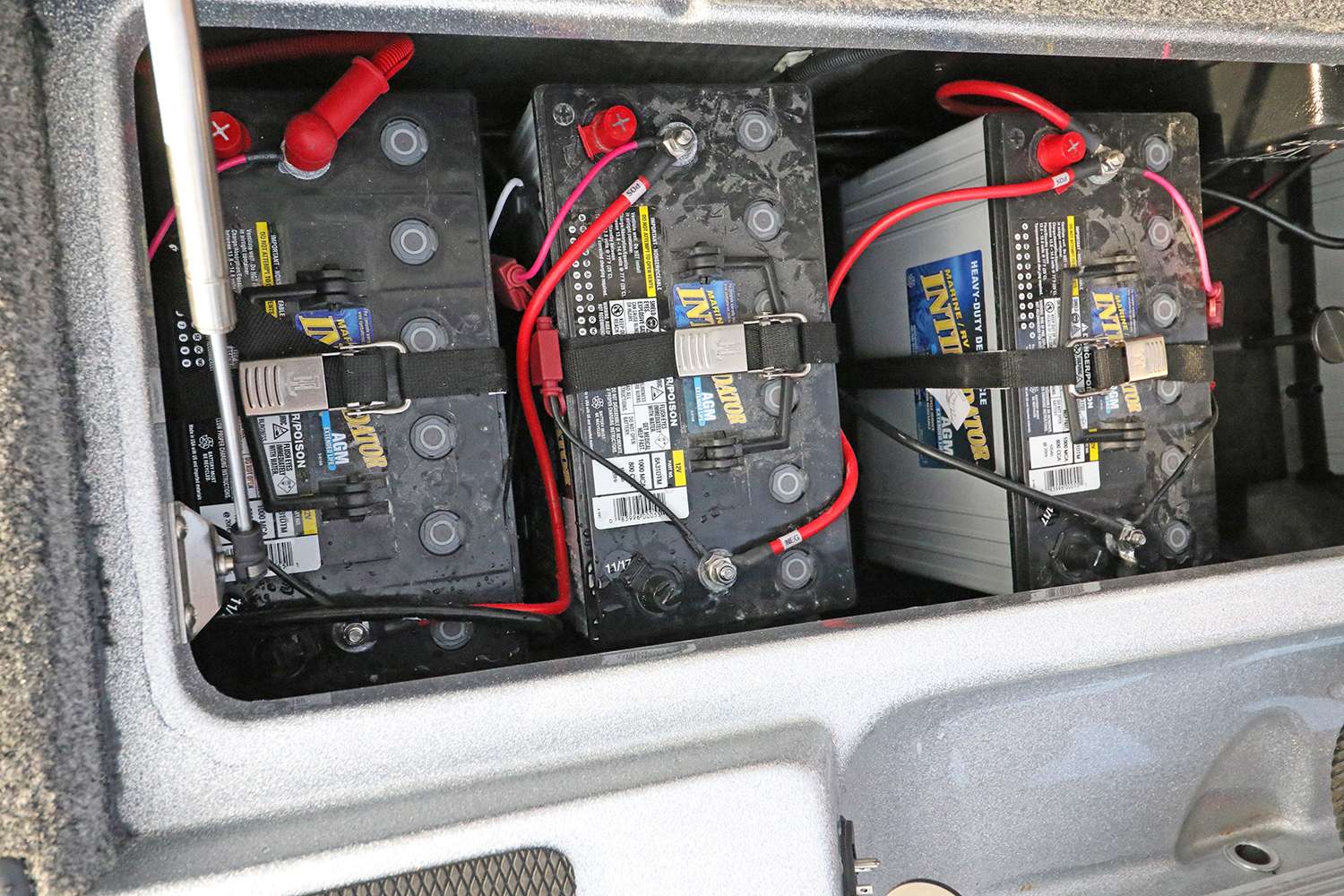 Three 12-volt batteries in a series provide the necessary 36 volts to run his Minn Kota Ultrex.
