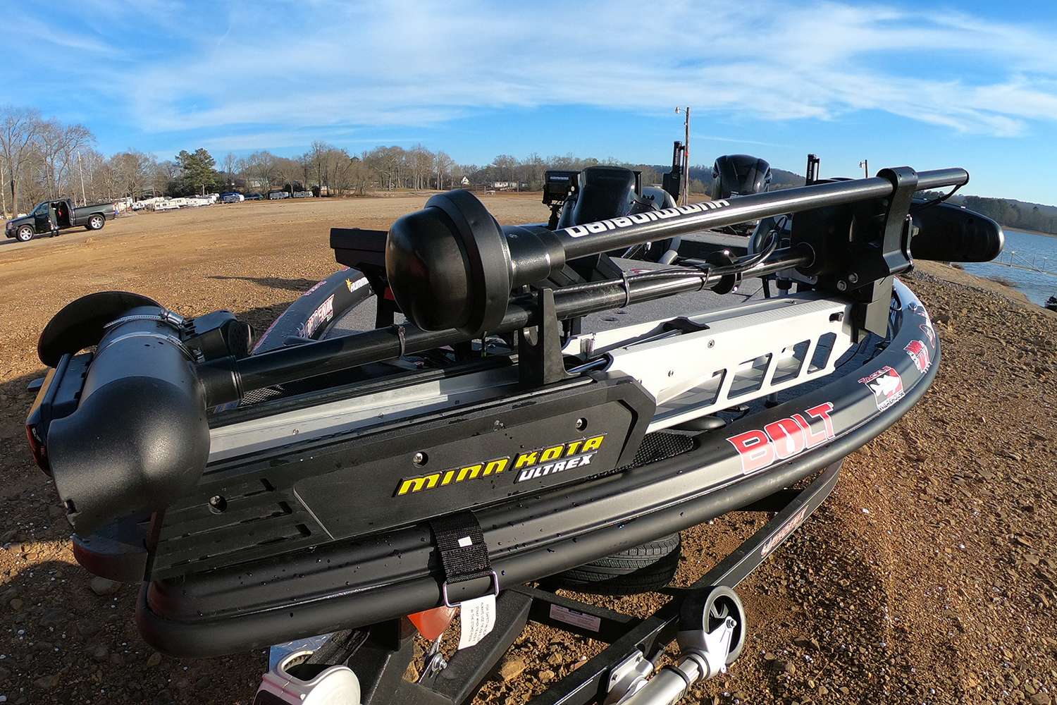 Starting at the bow, the front-end command center pivots on a Minn Kota Ultrex partnered with a Humminbird 360 transducer. 