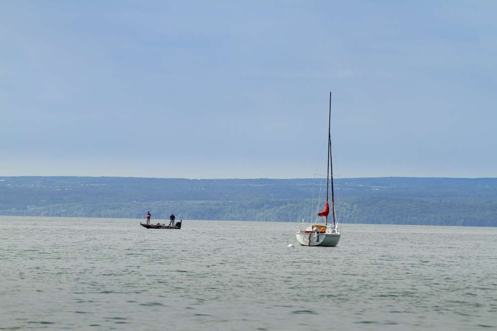 <h4>13. Cayuga Lake, New York</h4><br> [38 miles long, 3 1/2 miles wide] This deep, two-story fishery supports strong populations of trout as well as largemouth and smallmouth bass. Smallmouth dominate the catch during their spawn and prespawn phases, while largemouth are willing to bite spring through fall in the grassbeds that rim the lake. In late August 2017, Kurt Keller won the TRADWINS Cayuga Lake Rochester Bassmasters AOY tournament with a five-bass limit of 19.25 pounds. 