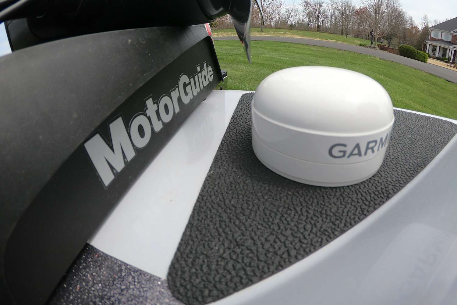 The Garmin GPS puck is conveniently placed out of the way next to the MotorGuide base. 