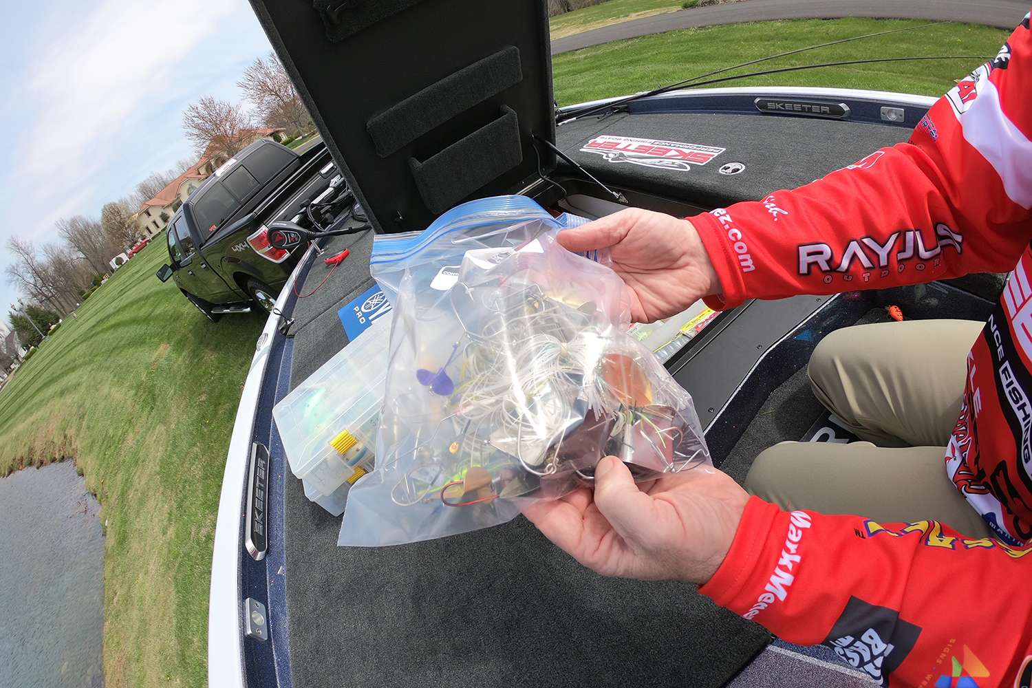 He keeps his buzzbaits in a Ziploc bag, which makes a lot of sense considering those are lures that just don't store very well. 