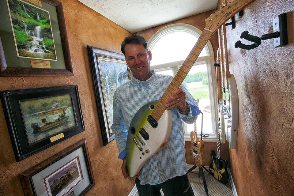 One dormer is lined with special photos and really special guitars. This is a Sexy Shad guitar given to VanDam  by Dwayne Caulkin after he won one of his Bassmaster Classics. After his next Classic victory he was given a double-neck Sexy Shad guitar.