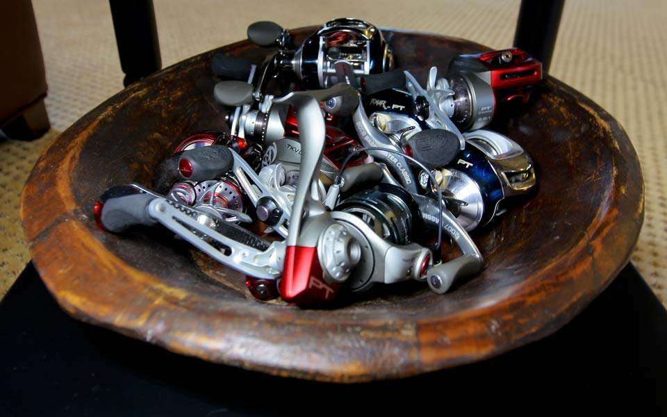 He even has a wooden bowl filled with extra Quantum reels, ready to go if he needs them. But these are mostly semi-retired. 