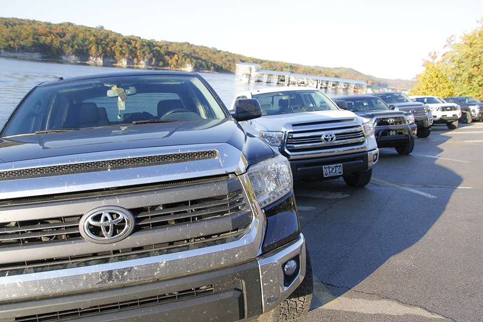 Toyota trucks littered the boat ramp parking spots