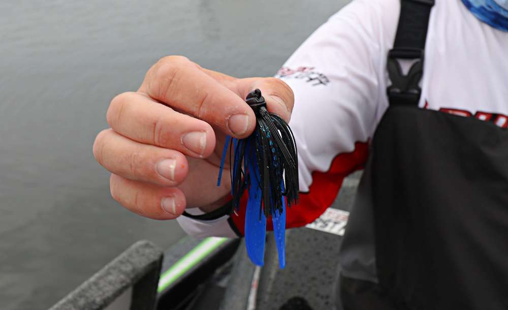 Labelle went power fishing with a jig. The choice was a 1/2-ounce Dirty Jigs Scott Canterbury Flippinâ Jig, with a Zoom Super Chunk, Flippinâ Blue color. 
