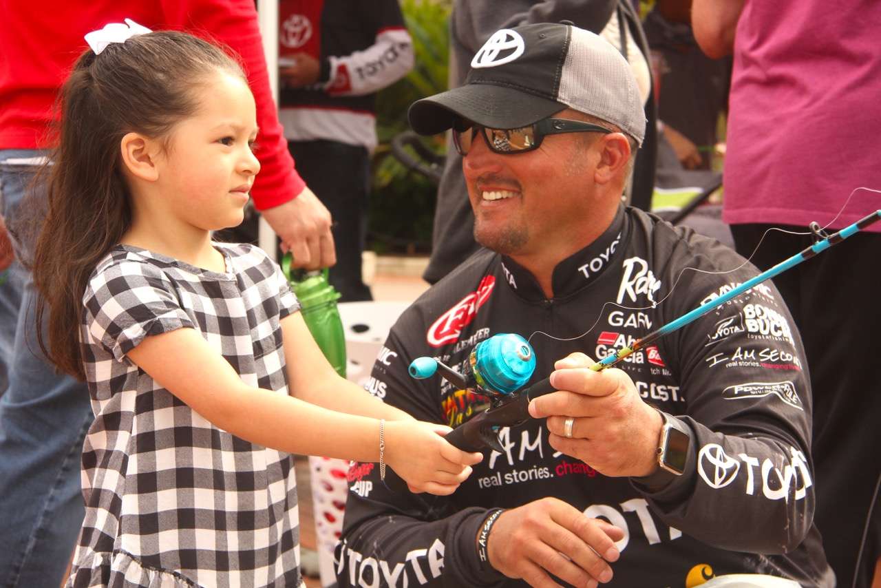 Big bass specialist James Caldemeyer, a guide on Lake Fork, Texas, worked hard all day to introduce youngsters to the sport he loves at the casting inflatable display. 