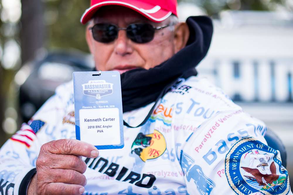 Ken Carter shows off his credentials at Day 2 of the Academy Sports + Outdoors B.A.S.S. Nation Championship presented by Magellan Outdoors. 