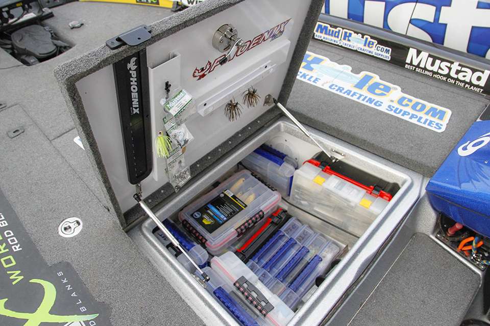 The center bait box has all of his hard baits and hooks. There are roughly 20 boxes in here of all shapes and sizes.