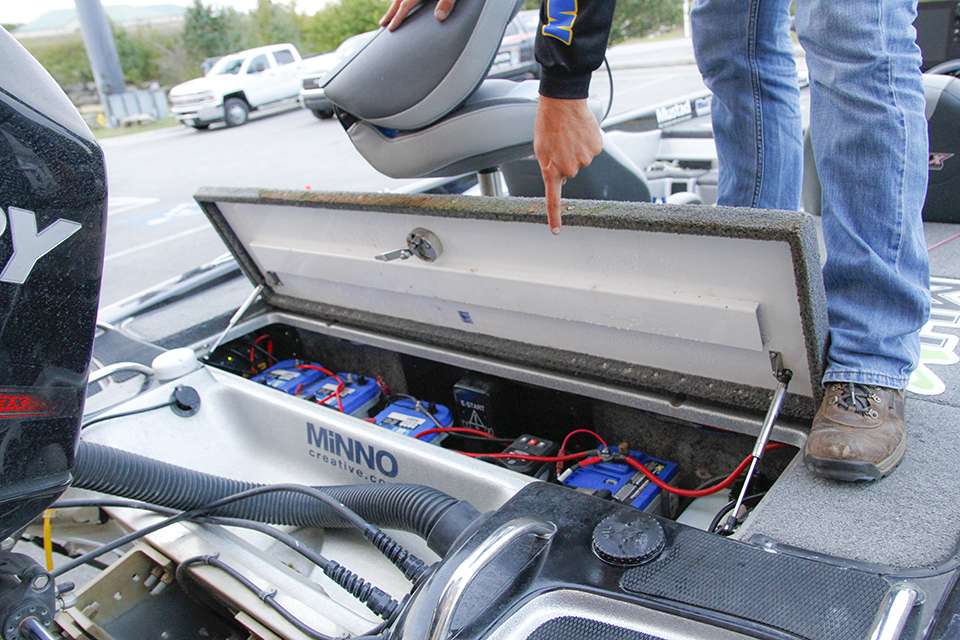 The back battery box has all the necessary power sources, pumps and wiring to power his boat.