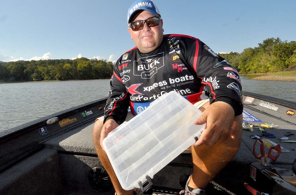 Indiana Bassmaster Elite Series pro Bill Lowen will fill this empty flat box with what he believes are essential lures for beginning bass anglers.