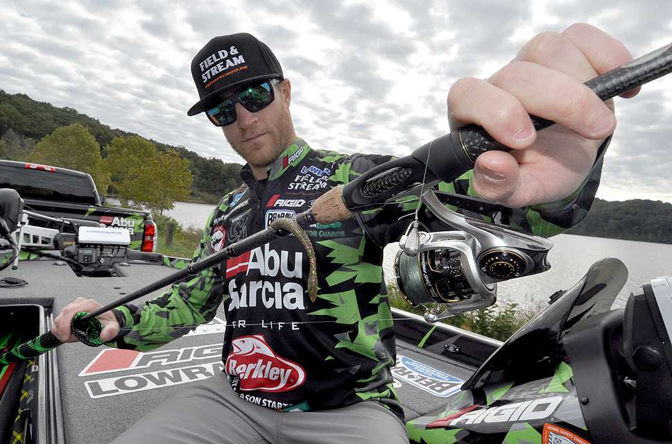 Shryock fetches his favorite spinning outfit from his rod locker, a 7-foot medium action Abu Fantasista Premier rod sporting an Abu Garcia Revo Premier size 30 reel.
