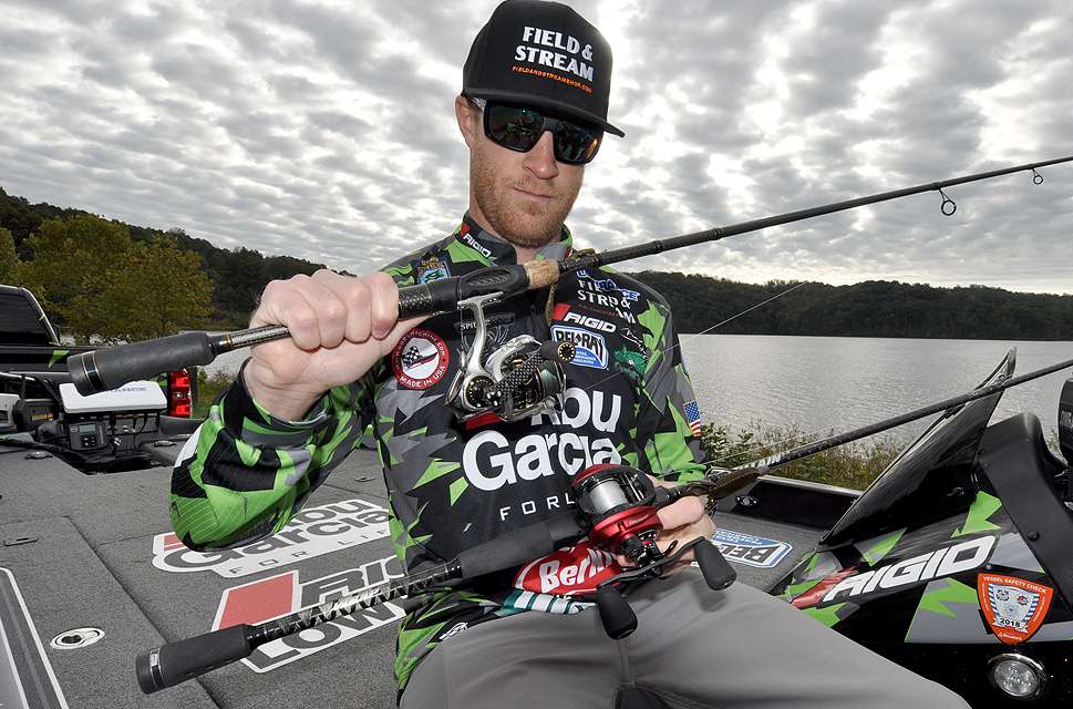 Beneath the spinning outfit Shryock holds his workhorse baitcasting outfit, a 7-foot, 6-inch, medium-heavy, fast action Villain 2.0 rod matched with an Abu Garcia REVO Rocket reel.
