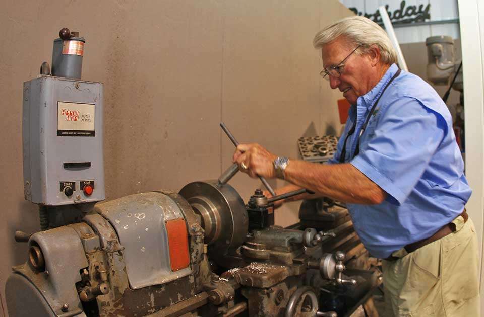 Inside the three-bay garage are most every tool Martin needs to engineer nearly anything. Check out this lathe.