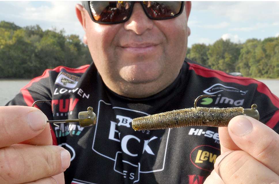 He rigs one of the baits onto a 5/32-ounce Stick Worm Head from lurepartsonline.com. This is his version of the Ned Rig.
âThe 5/32-ounce size is on the heavy side for this type of bait,â Lowen said. âBut the extra weight is easier for a beginner to fish because you can feel the bottom better with it.

