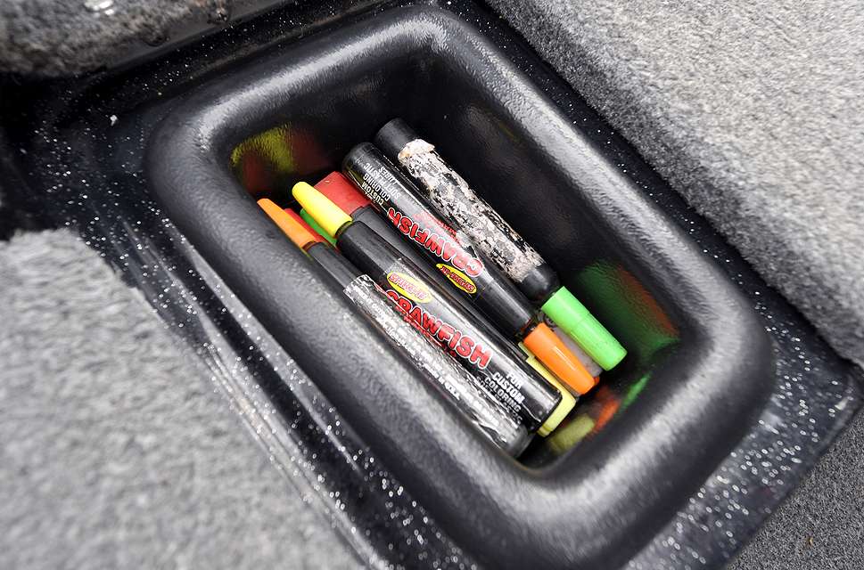 Next to the cooler is a small compartment in which Shryock keeps his dye pens.
