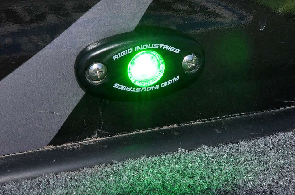 Colorful LED lights from Rigid Industries are placed on the inside of the gunnels around Shryockâs boat and in the lockers.
