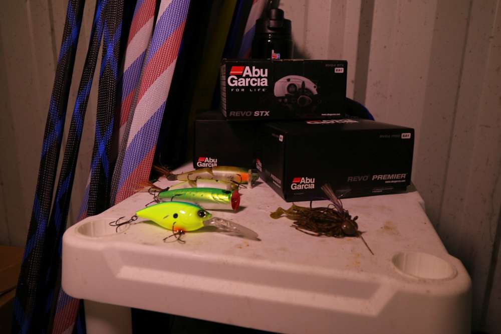 Under the dim lights you can find some brand new Abu Garcia reels and a variety of baits.