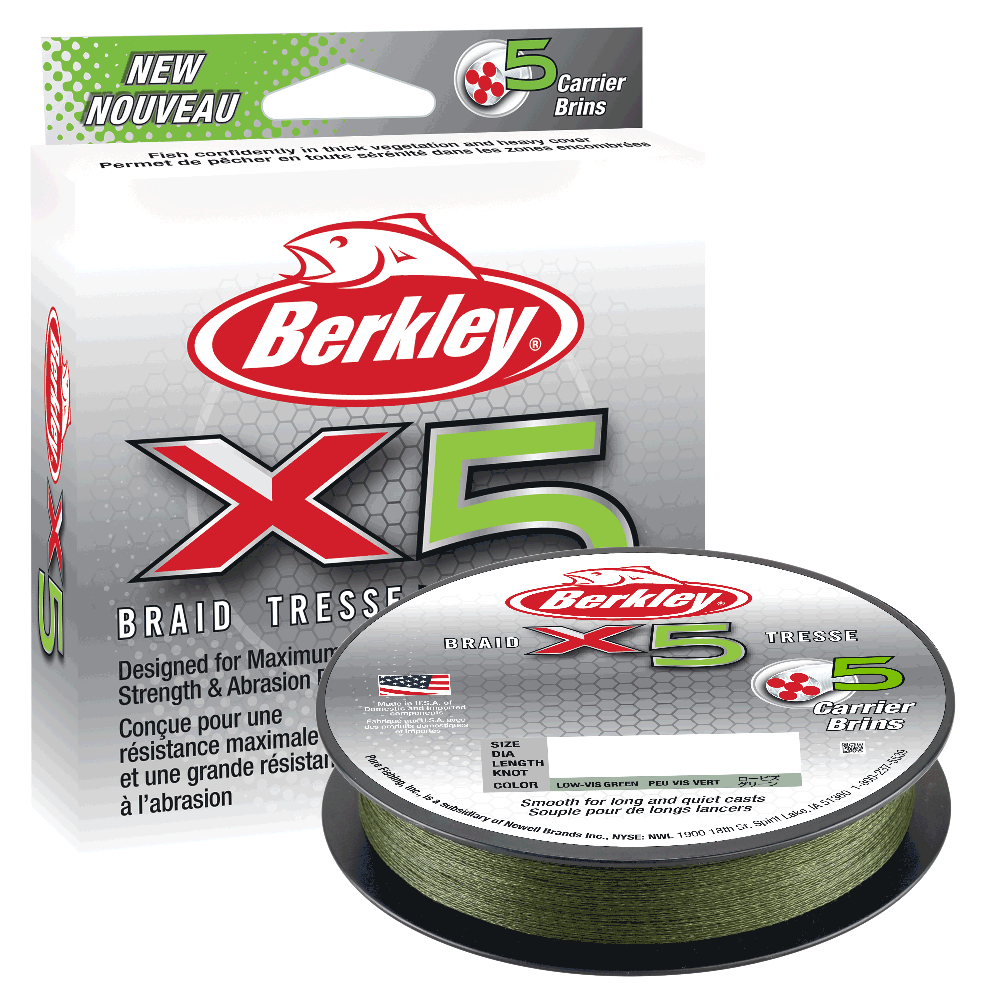 Berkley x5 Braid<BR>The new Berkley x5 and x9 braided lines take strength and reliability to the next level by adding another strand, respectively, all while keeping the same diameter as traditional four- and eight-carrier braids. Designed for maximum strength and abrasion resistance, the new Berkley x5 braided line allows anglers to fish confidently in thick vegetation and heavy cover.